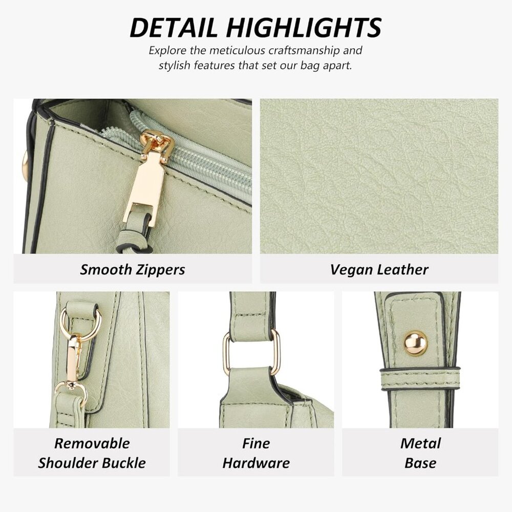 Women’s Light Green 3PCS PU Leather Purses Set  Crossbody Wallet & Hobo Tote Bag - Picture 4 of 8